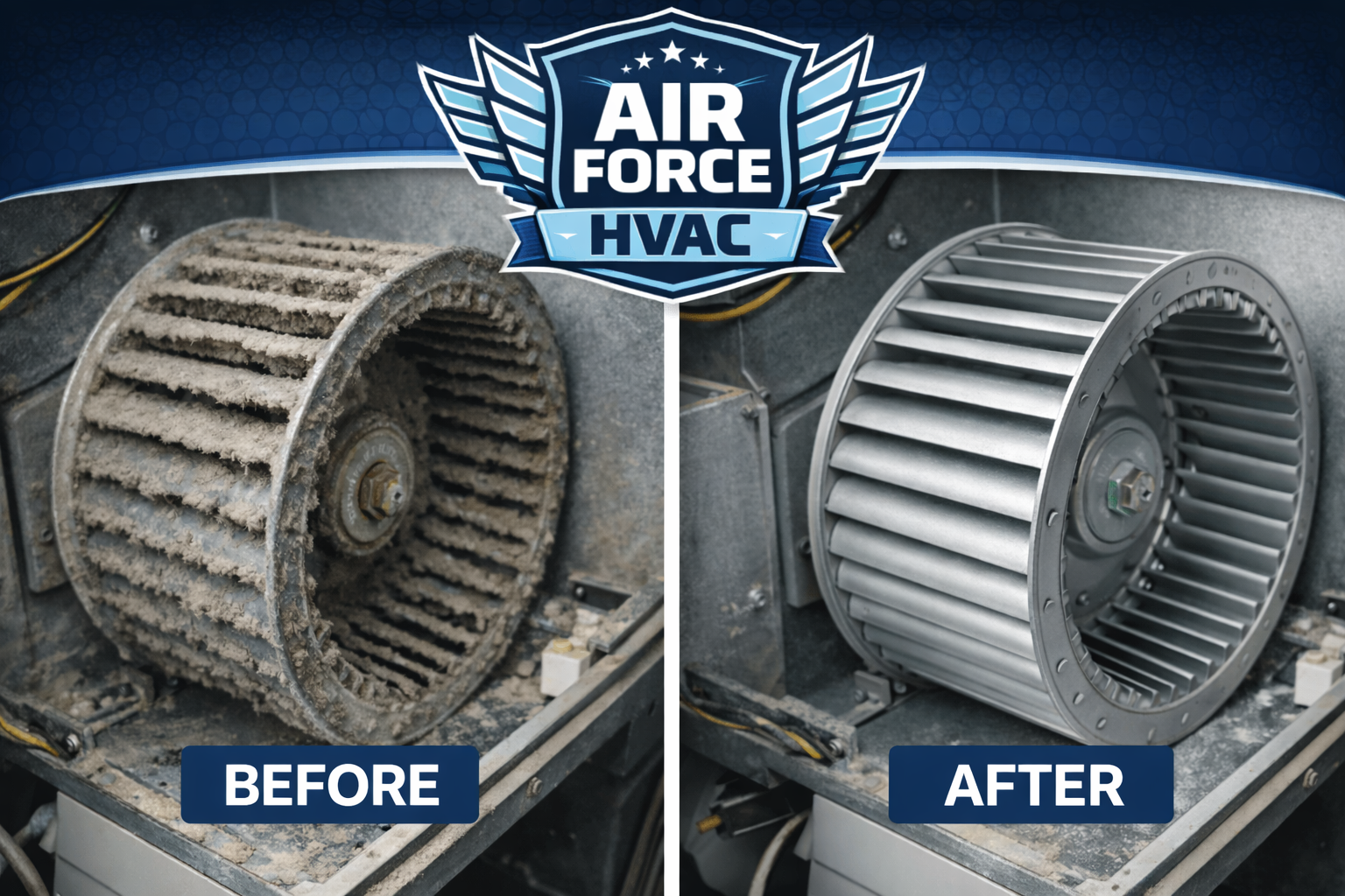 Before and after blower wheel deep cleaning by Air Force HVAC