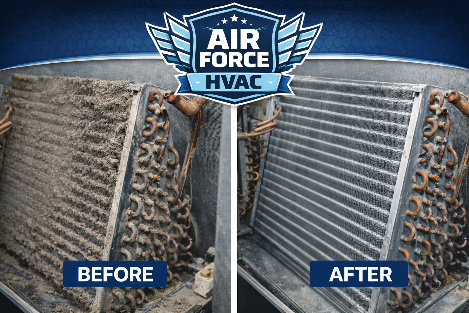 Before and after evaporator coil restoration by Air Force HVAC