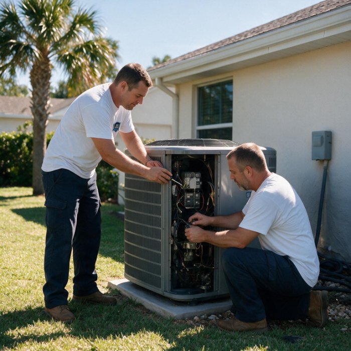 Air Force HVAC technicians servicing a residential outdoor condenser unit